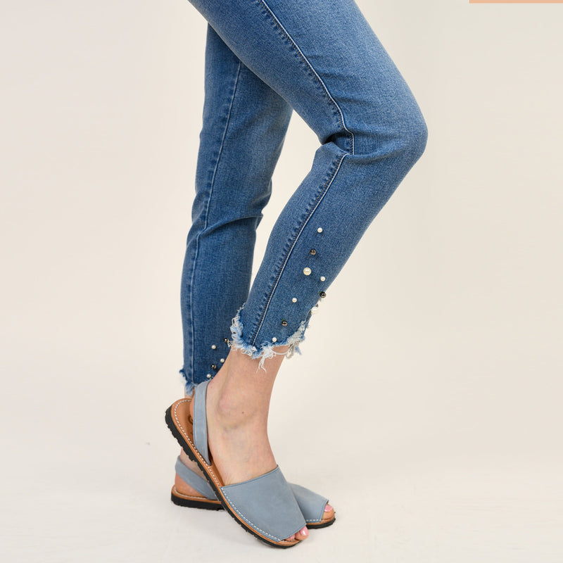 Pearl Beaded Distressed Hem Capris - Ceniajeans