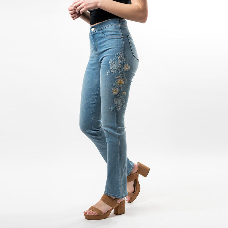 Beautiful tonal thick embroidery on both sides of the legs make this stylish bootcut Convi, with just the right amount of flare, reminiscent of the 70's with a modern twist.