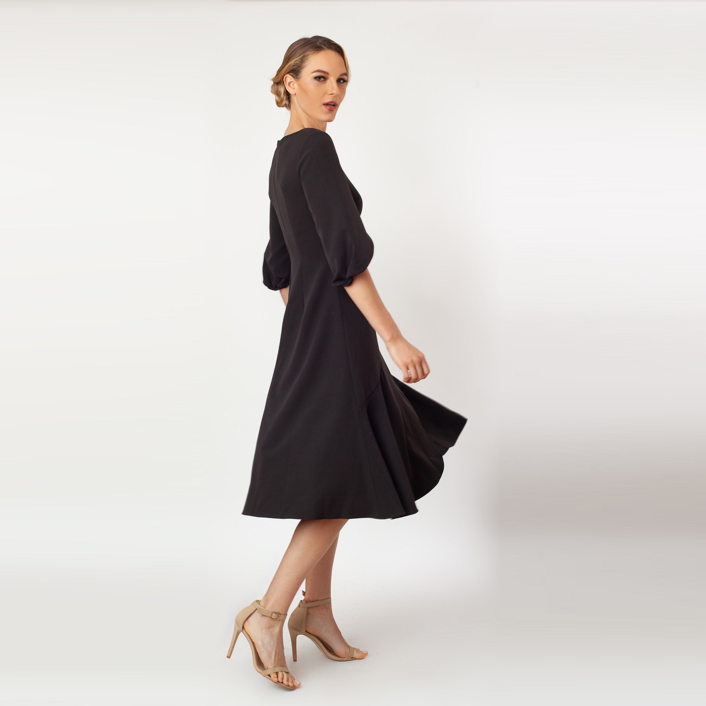 tea length flared dresses Minimalist tea-length wedding dress in crepe