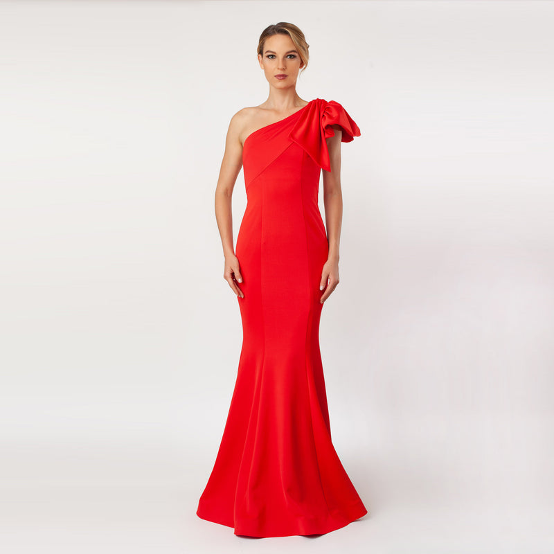 CN7155_One Shoulder Bow Sleeve Gown - Cenia New York