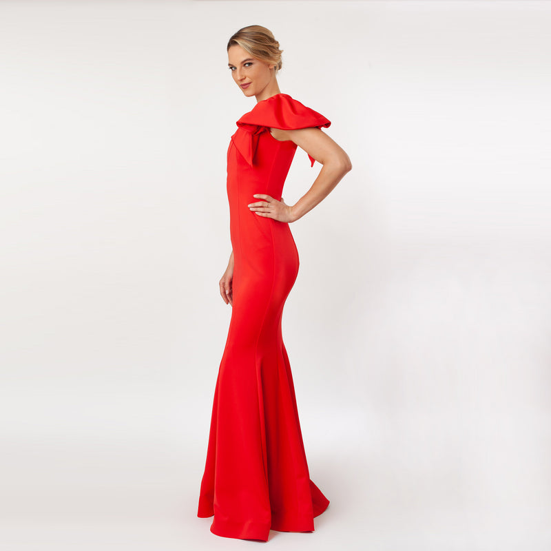 CN7155_One Shoulder Bow Sleeve Gown - Cenia New York