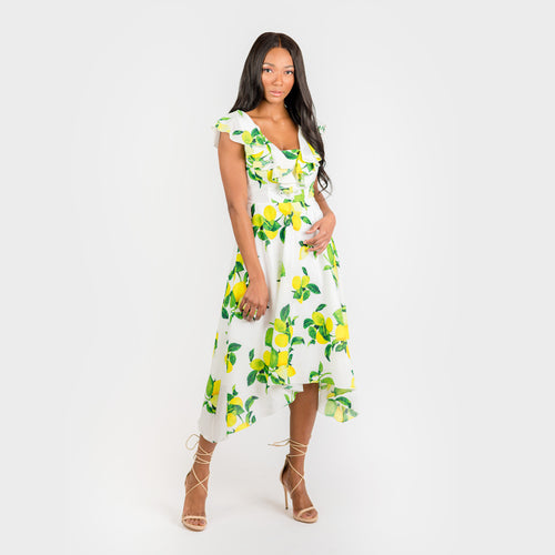 CN7177 Ruffled Nkline Sharkbite Hem Dress - Cenia New York