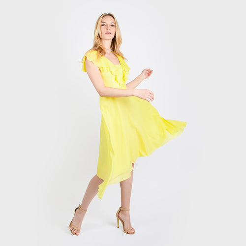 CN7177 Ruffled Nkline Sharkbite Hem Dress - Cenia New York