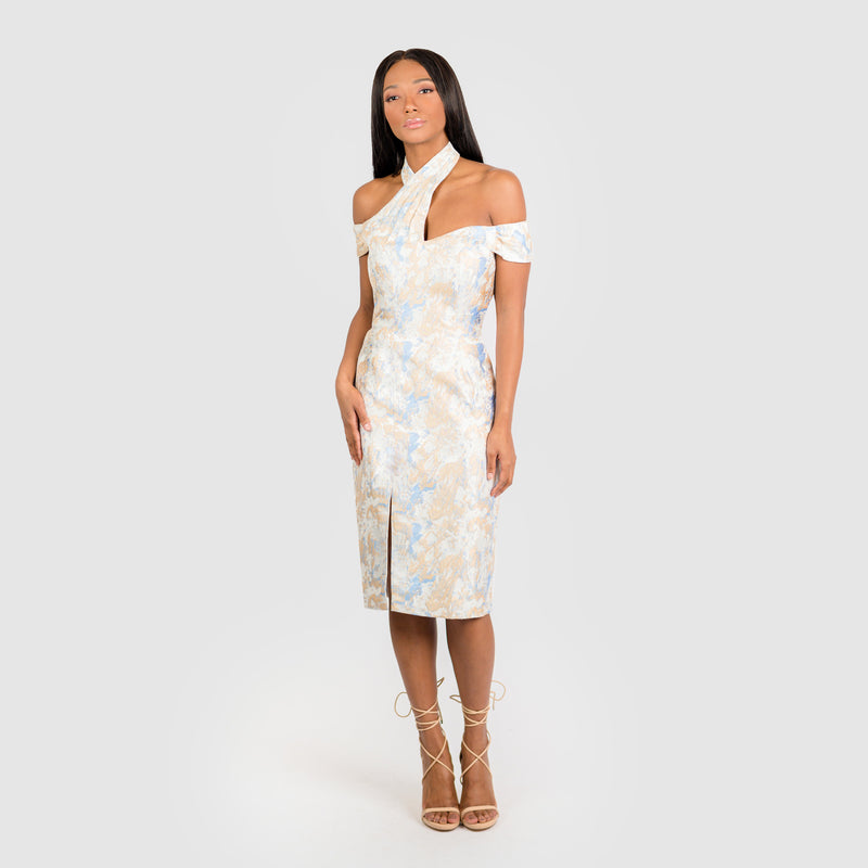 CN7186 Asymmetric Halter Off The Shoulder Sheath - Cenia New York