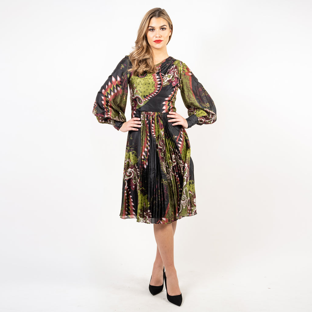 Asymmetric Neckline Pleated A-line Dress - Cenia New York