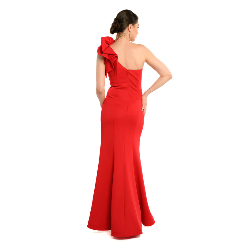 Asymmetric Shoulder Side Ruffled Gown - Cenia New York