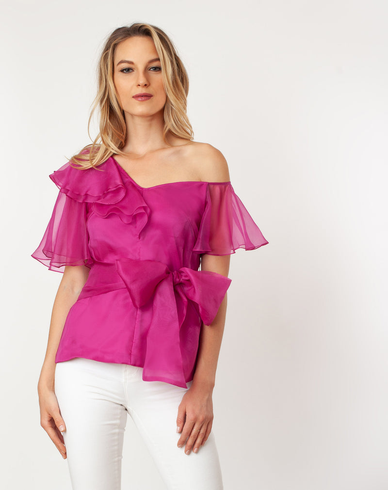 T7118_Asymmetric Shoulder Flutter Sleeve Blouse - Cenia New York