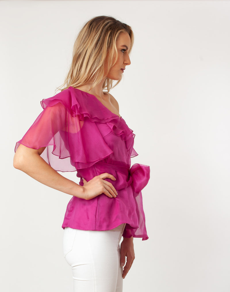 T7118_Asymmetric Shoulder Flutter Sleeve Blouse - Cenia New York