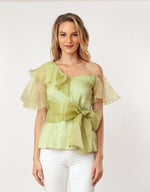 T7118_Asymmetric Shoulder Flutter Sleeve Blouse - Cenia New York