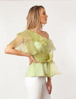 T7118_Asymmetric Shoulder Flutter Sleeve Blouse - Cenia New York