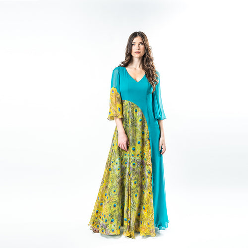 A relaxed, yet sexy maxi dress made from luxurious solid silk chiffon in Turquoise, combined with our beautiful Peacock Feather Print, make this unique piece a must have!