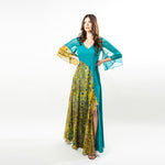 A relaxed, yet sexy maxi dress made from luxurious solid silk chiffon in Turquoise, combined with our beautiful Peacock Feather Print, make this unique piece a must have!