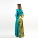 A relaxed, yet sexy maxi dress made from luxurious solid silk chiffon in Turquoise, combined with our beautiful Peacock Feather Print, make this unique piece a must have!